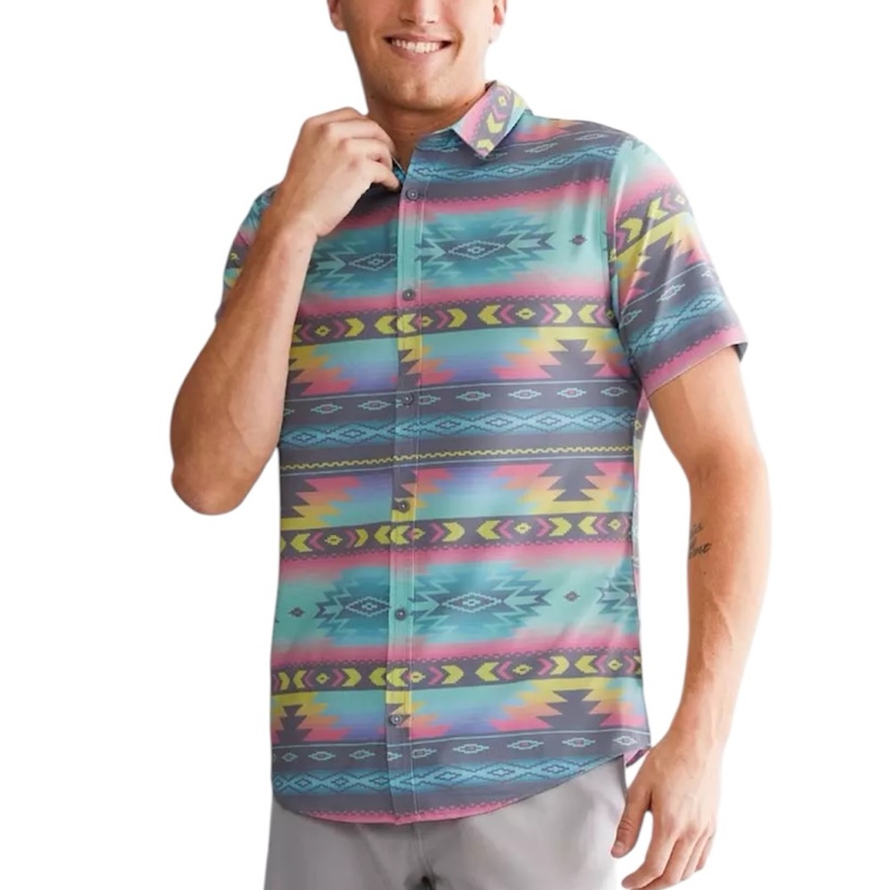 Depart West Performance Button Down Short Sleeve SW Print Bright Size XL
